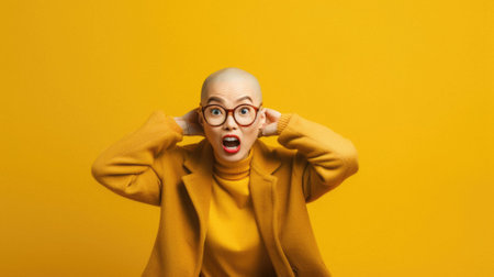 Surprised woman wearing a trendy jacket and glasses. studio photo.の素材