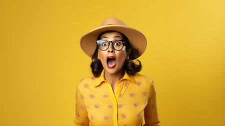 Beautiful young woman wearing yellow beret and glasses with surprise happy expression.の素材
