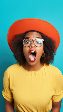 Surprised young african woman with glasses and surprised screaming.の素材