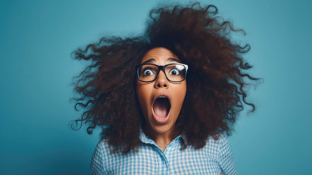 Young african american woman wearing afro - american glasses and blue shirt celebrating mad and crazy for success with arms raised and raised eyes screaming excited. winner.の素材