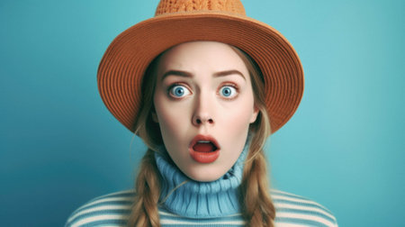Beautiful redhead woman with blue eyes wearing summer hat and glasses scared in shock with a surprise face, afraid and excited with fear expression.の素材