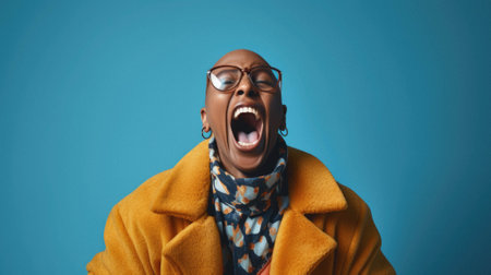 Happy african american woman laughing and screaming.の素材