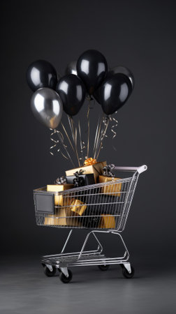 Shopping cart with balloons and gift boxes on black background. holiday concept. 3 d illustration.の素材
