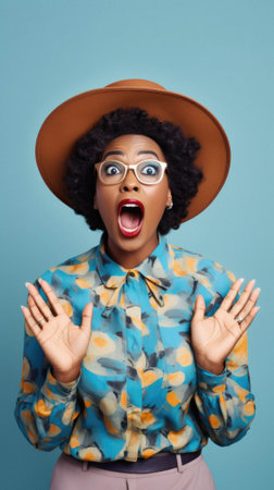 African american woman with afro hair and glasses wearing summer hat and sunglasses celebrating mad and amazed for success with arms, raised and closed eyes screaming excited.の素材