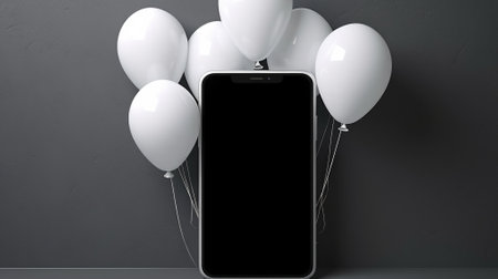 Mobile phone in the shape of a balloon. the smartphone is a white balloon on the background of the black screen.の素材