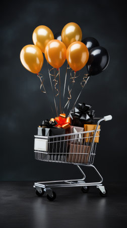 Balloons with shopping cart and golden balloons on black background. 3 d illustration. 3 d rendering,.の素材