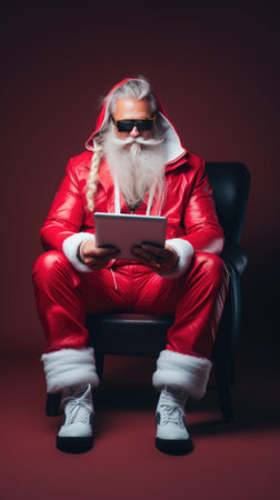 Santa claus using laptop and holding a smartphone while sitting on red background.の素材