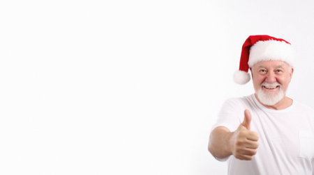 Happy senior man in santa claus hat showing thumb - up isolated on white background with copy space.の素材