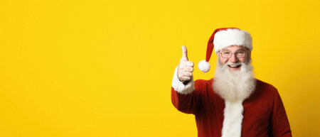 Happy senior man in santa claus costume showing thumbs up with copy space for text on yellow background, christmas and new years concept.の素材