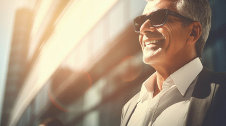 Businessman smiling and laughing wearing sunglasses standing outdoors.の素材