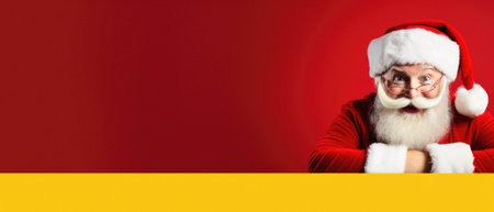 Santa claus holding yellow card against red background.の素材