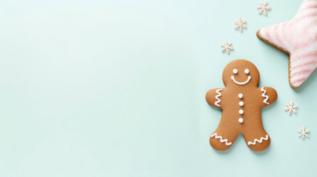 Christmas gingerbread man in a glass jar and a cup of coffee on a blue background.の写真素材