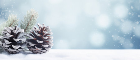 Christmas card with fir branches and cones on a white backgroun.の写真素材