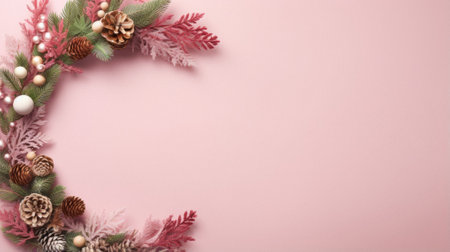 Christmas background. fir tree branches, pink and white snowflakes on a pink background. flat lay, copy space.の写真素材