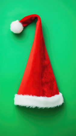 Santa claus red hat on green background, flat lay. christmas celebration. top view with space for text.の写真素材
