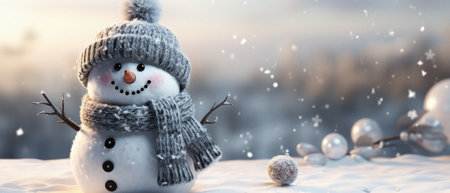 Christmas greeting card. christmas snowman in a snow on the background of a christmas trees.の写真素材