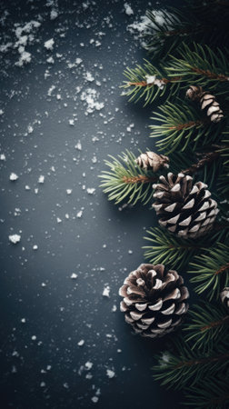 Christmas card. fir branches with cones on dark background.