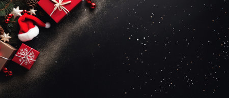 Christmas composition on black background with christmas decorations. top view, flat lay. copy space...