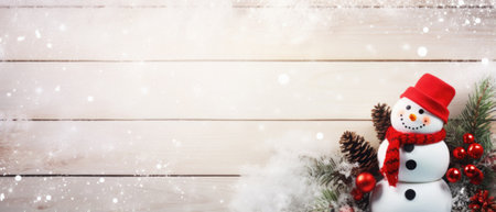 Christmas background with snowman and gift on wooden table with snow. christmas card.の写真素材