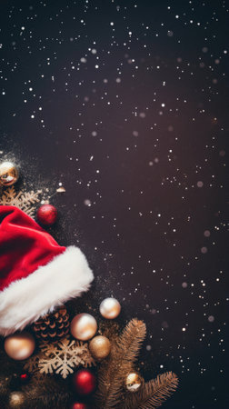 Christmas composition with red christmas tree branches, cones, balls, snowflakes. christmas background with space for your text. top view, flat lay.の写真素材