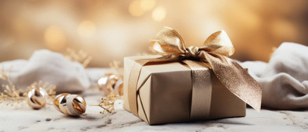 Beautiful christmas gift with golden bow on wooden background.の写真素材