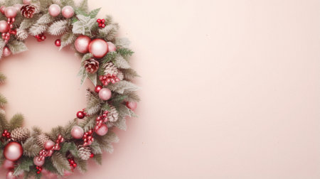 Merry christmas and happy new year, holiday concept. pink christmas tree with white balls, snowflakes, fir branches, cones on pink background. flat.の写真素材