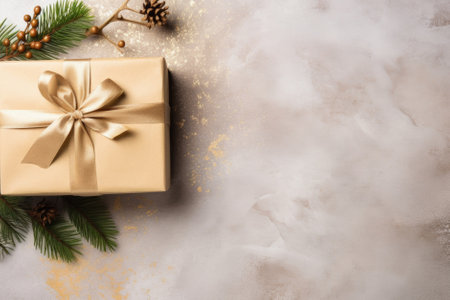 Gift box with golden ribbon on white snow background. christmas greeting card.の写真素材