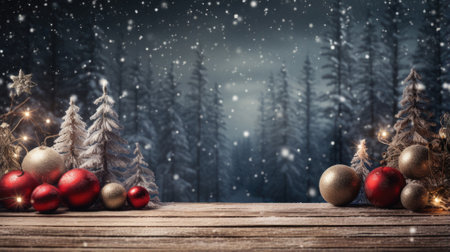 Christmas background with fir tree branches and christmas decorations on wooden background. new year concept. copy space.の写真素材