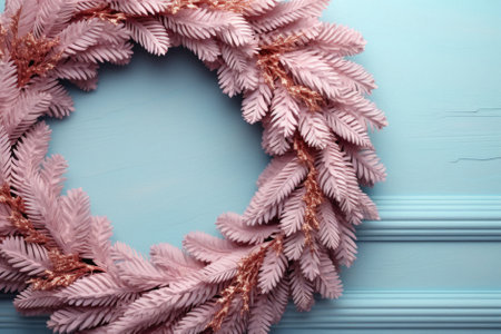 Christmas wreath and pink ribbon on blue background, top view.の写真素材