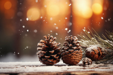 Christmas background with cones, fir tree on snow.