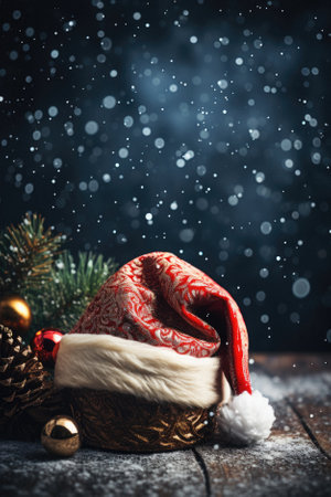 Christmas background with christmas decorations and gift box. holiday card with copy space.の写真素材