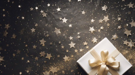 Christmas greeting card with golden stars and gift box on black background.の写真素材