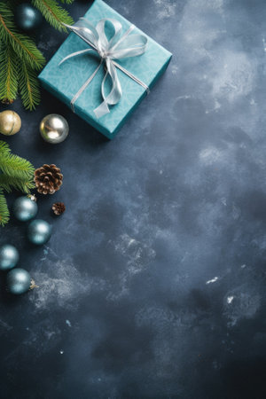 Christmas background with gift boxes, fir tree branch, snow, pine tree branches, christmas tree on dark blue background, top view. xmas holiday.の写真素材