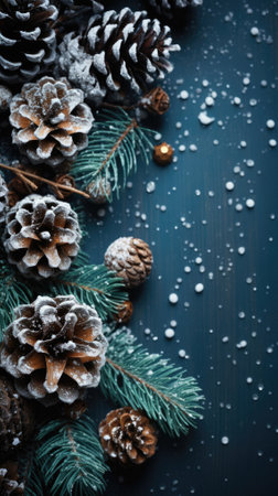 Christmas tree with pine cones and berries on a wooden background.の写真素材