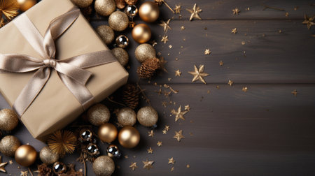 Christmas background. gift box with christmas decorations on wooden board.