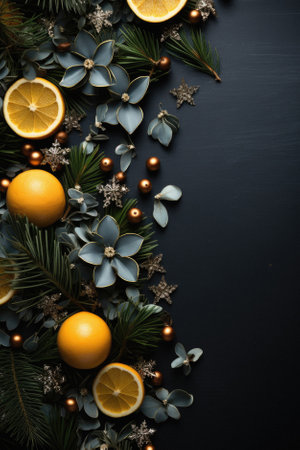 Christmas background with oranges, pine branches and christmas decorations on a dark gray...