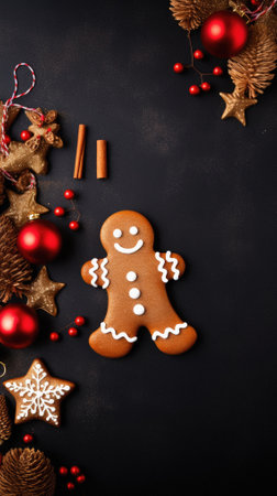 Gingerbread cookies on dark background, christmas decoration concept.