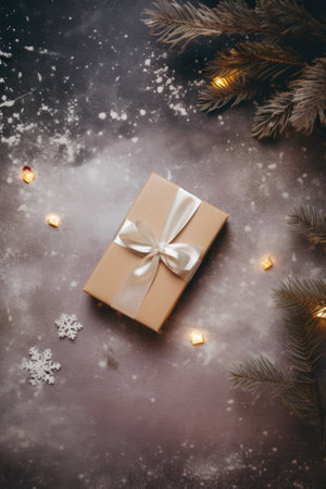 Christmas gift with red ribbon on a background of snow.の写真素材