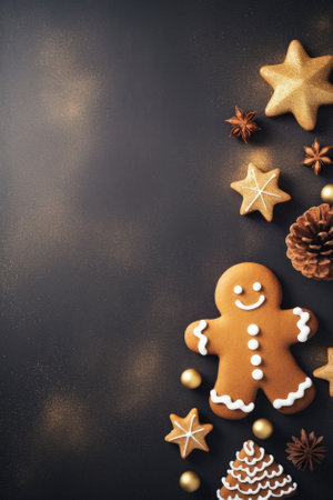 Christmas gingerbread cookies on a black background.の写真素材