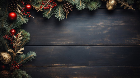 Top view of christmas decoration with fir branches on black wooden background.の写真素材
