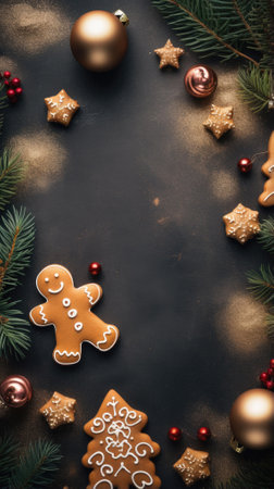Christmas gingerbread cookies with christmas decoration and christmas tree on dark background.