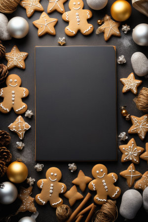 Black and white christmas cookies in frame on black table.の写真素材