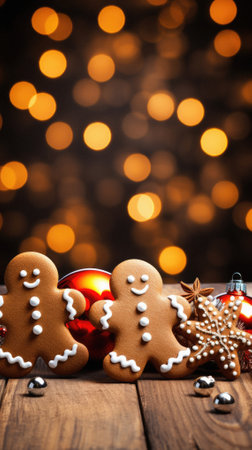 Christmas cookies and decorations on wooden background.の写真素材