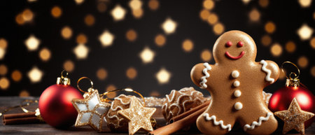 Homemade gingerbread christmas decoration on wooden board, christmas tree.