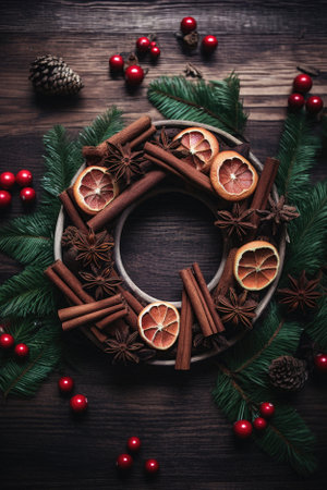Christmas composition with spices, fruits and fir branches on wooden table.の写真素材
