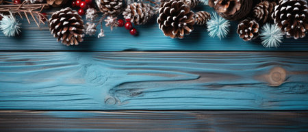 Christmas tree with blue wooden background.の写真素材