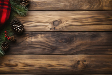 Christmas fir tree branches with cones and red berries on wooden background. top view. copy space for text.の写真素材