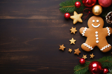 Gingerbread christmas cookies on a wooden background, festive christmas card.