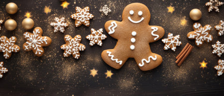 Christmas gingerbread man with a christmas cookie and a star. christmas background with copy space...