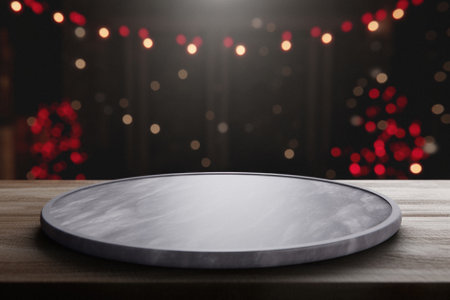 Empty round marble table top on wooden table over blurred background, product display mockup.の素材